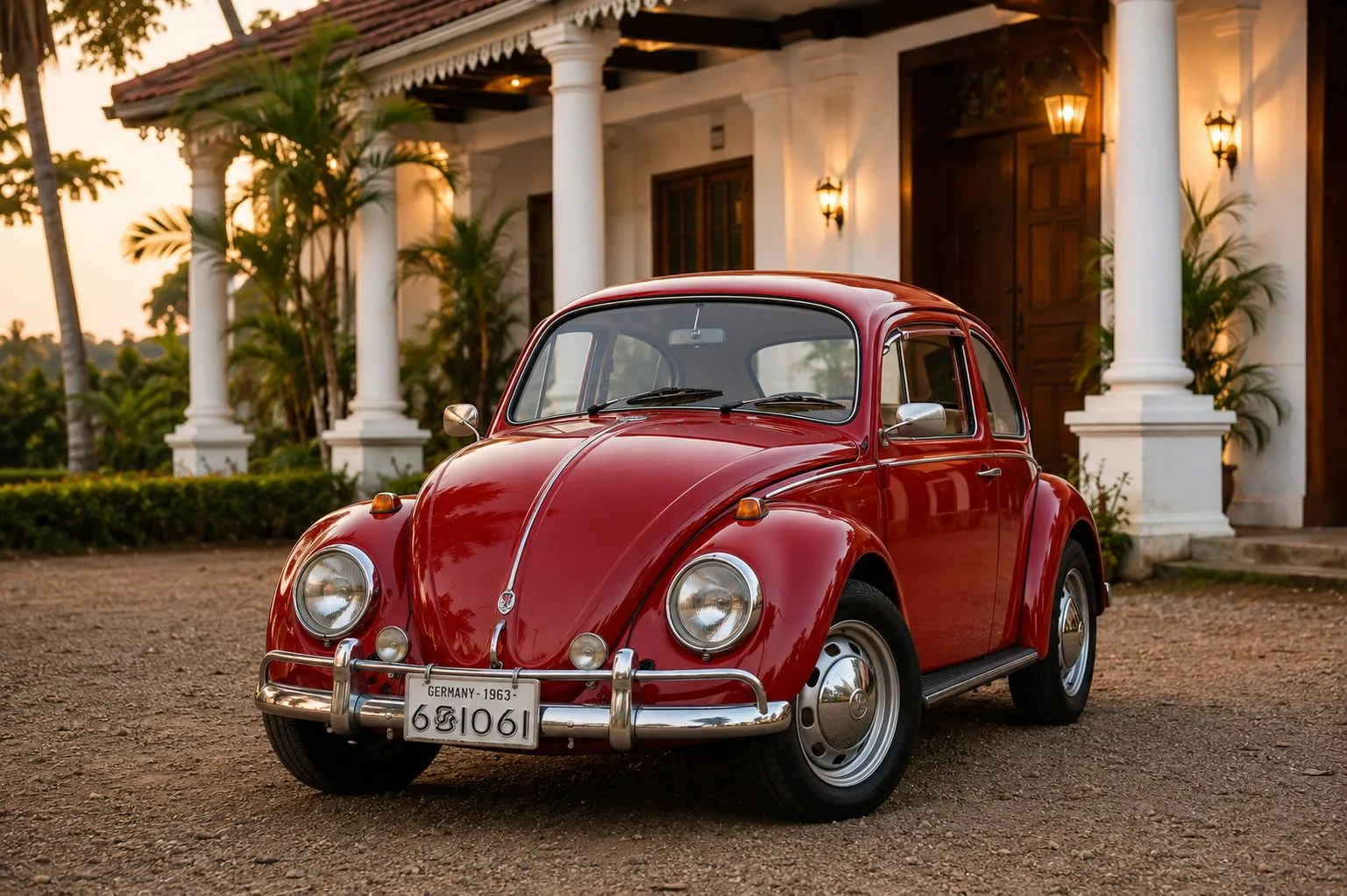Classic red 1960s Volkswagen Beetle vintage rental in Weligama, Sri Lanka